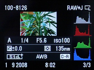 Sony A350 umożliwia (po wykonaniu zdjęcia) wyświetlenie samego histogramu jasności albo jasności i trzech barw składowych – czerwonej, zielonej i niebieskiej. 