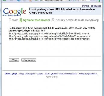 2. Znajdujemy adresy wiadomości do usunięcia, odszukując je w Google, a potem wybierając link »Więcej opcji | Pokaż oryginalną wiadomość«