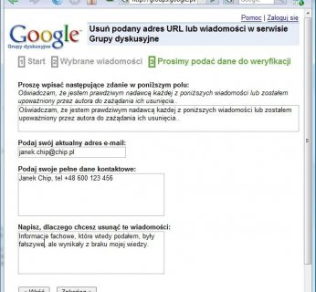 4. Podajemy dane kontaktowe i przygotowujemy oświadczenie stwierdzające, że mamy prawo do usunięcia postu.