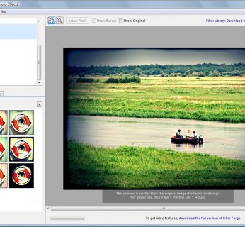 Bezpłatny zestaw 7 efektów, wśród których najciekawsze to filtr postarzający zdjęcie oraz efekt naśladujący aparat Lomo.