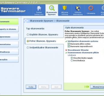 Spyware Terminator oferuje bardzo dobrą ochronę. Rozszerz funkcje wyszukiwania, wybierając odpowiedni »Typ skanowania«.