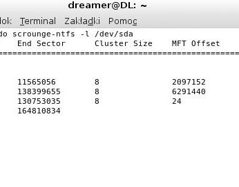 Scrounge-ntfs odczytuje partycje i wyświetla wszystkie ważne informacje niezbędne do przywrócenia danych.