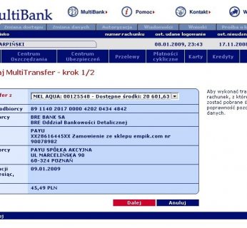 Logując się na stronie banku, dostajemy wypełniony formularz przelewu na rzecz e-sklepu. Wystarczy zatwierdzić płatność