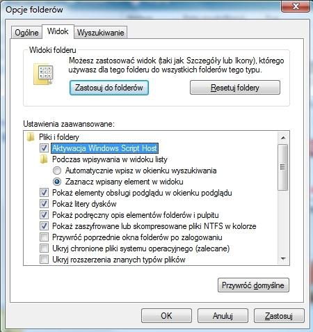 Uaktywnianie i dezaktywowanie Windows Script Host przy wykorzystaniu menu »Opcji folderów«