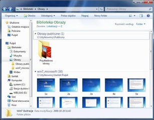 Windows 7 kataloguje obrazy rozrzucone po wielu folderach w jednej bibliotece.