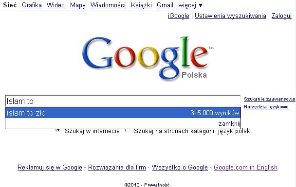 Google nie cenzuruje antyislamskich sugestii wyszukiwania
