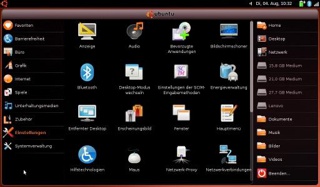 Pulpit Ubuntu Netbook Remix przypomina wielkie menu Start i umożliwia szybki dostęp do zainstalowanych aplikacji.