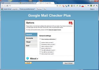 Google Mail Checker Plus ma dosyć rozbudowaną konfigurację. Zmienić można niemal wszystko.