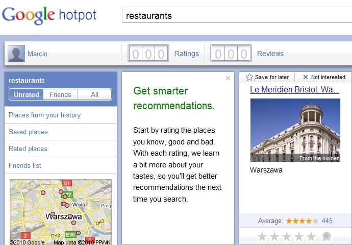 Google Hotpot, czyli znajdź najlepsze sklepy i restauracje w okolicy