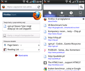 Tak Firefox wygląda po uruchomieniu (po lewej) oraz po kliknięciu w pasek adresu (z prawej).