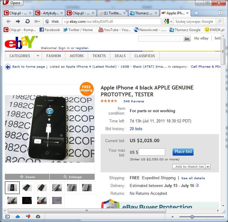 iPhone 4 na eBay'u, niestety, już po usunięciu większości ofert