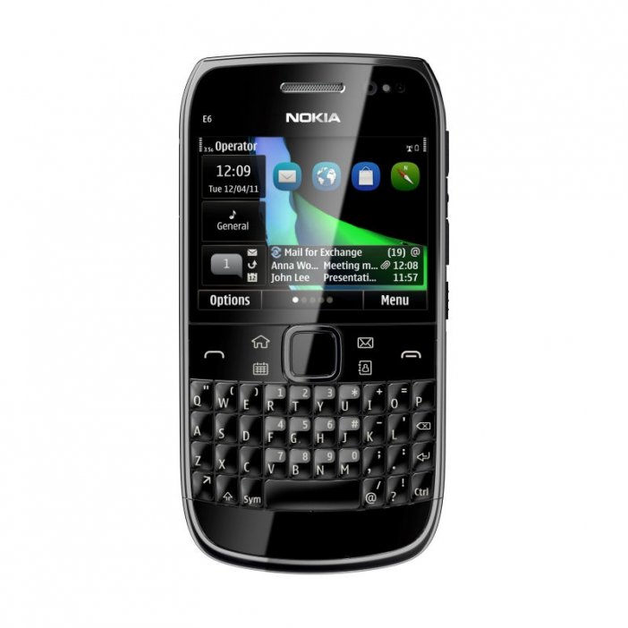 Nokia E6: biznesowy telefon z dotykowym ekranem i przyciskami.