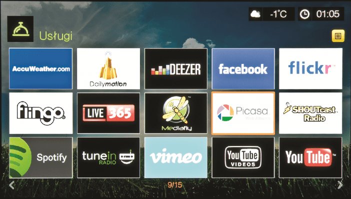 Bogaty zestaw aplikacji internetowych w odtwarzaczu WD TV Live.
