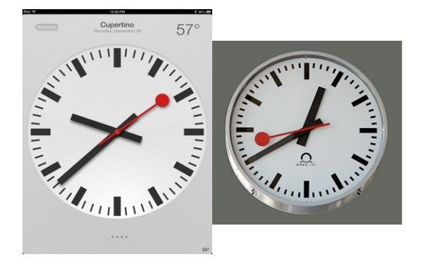 Zegar w iOS 6 po lewej, szwajcarski zegar SBB po prawej.