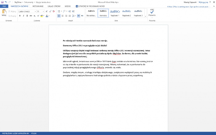 Webowa edycja Microsoft Word 2013