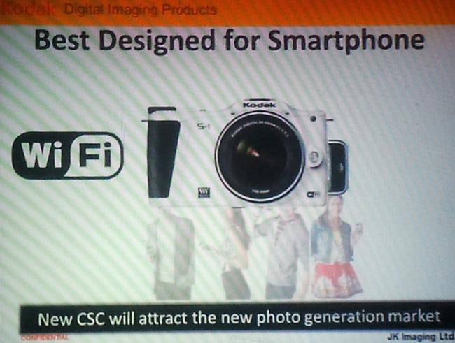 Jeden ze slajdów przedstawionych na konferencji. Na przedniej ściance aparatu widać logo Mikro Cztery Trzecie oraz symbol Wi-Fi.