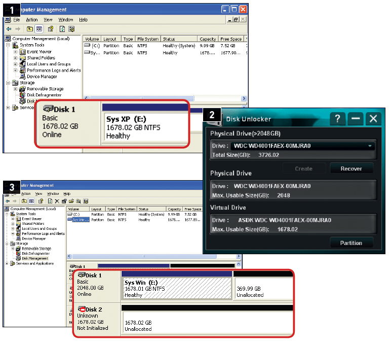 Omijanie granicy 2 TB w Windows XP Po instalacji Windows XP w konsoli zarządzania dyskami wykryje tylko pierwsze 1,7 TB 1 powierzchni dysku. Disk Unlocker 2, działający z płytami Asusa, pozwala na zamontowanie w systemie pozostałej przestrzeni jako drugiego, wirtualnego dysku 3.