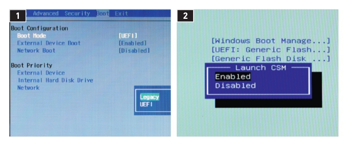 Trochę to skomplikowane: bootowanie w emulowanym trybie BIOS odbywa się różnie w zależności od UEFI. W Sony VAIO 1 trzeba ak- tywować »Legacy«, a na Asusie Zenbooku 2 »Launch CSM«.