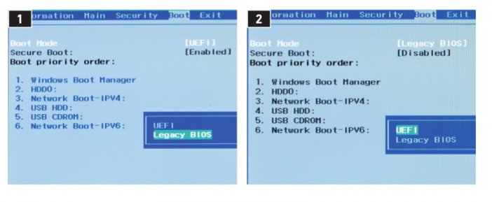 Czasami secure boot nie można wyłączyć bezpośrednio. w acerze aspire s7 ta opcja wyświetla się na szaro. Jednak po przejściu do »Legacy bIos« 1 i z powrotem 2 secure boot będzie wyłączony.