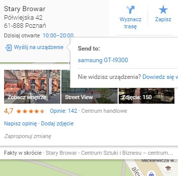 Google Maps z wysyłaniem miejsc na smartfony