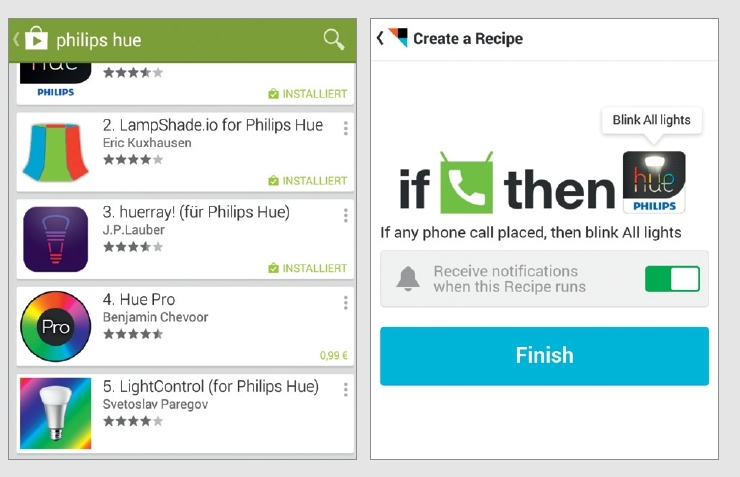 W Google Play znajdziemy ponad 30 aplikacji współpracujących z Philips Hue – wiele z nich jest darmowych. Ciekawa propozycja to IFTTT: lampy mogą reagować na zdarzenia, np. migać, gdy dzwoni telefon.