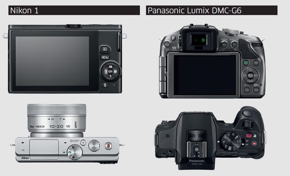 Nikon 1 wyposażony jest niedużą liczbę przycisków, więc sprawia wrażenie prostszego w obsłudze. Tak naprawdę jednak oba aparaty oferują prosty tryb Auto, a w przypadku zmiany zaawansowanych ustawień większą wygodę i szybkość obsługi zapewni Panasonic Lumix G6.