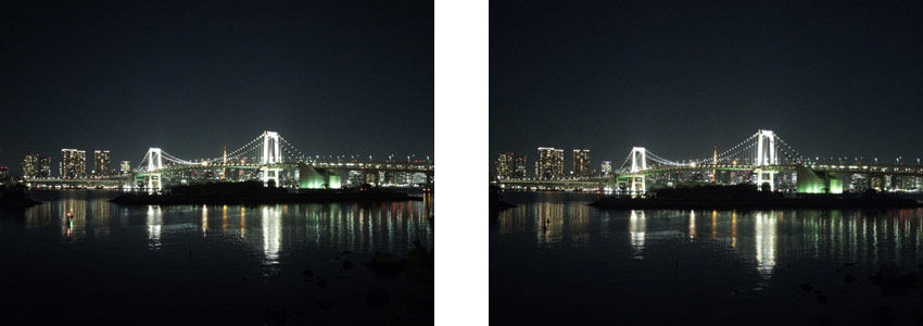 Po lewej obraz z matrycy IMX230, z pikselami o boku 1,12 mikrometra, po prawej z matrycy IMX318, z pikselami 1-mikrometrowymi. 