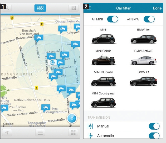 Appy niektórych usług carsharingowych umożliwiają nie tylko dokonanie rezerwacji. Aplikacja systemu Car2Go informuje użytkownika, kiedy w okolicy znajdzie się wolne auto 1, zaś usługa DriveNow pozwala zawęzić wyszukiwanie do pojazdów elektrycznych czy wyposażonych w automatyczną skrzynię biegów 2.
