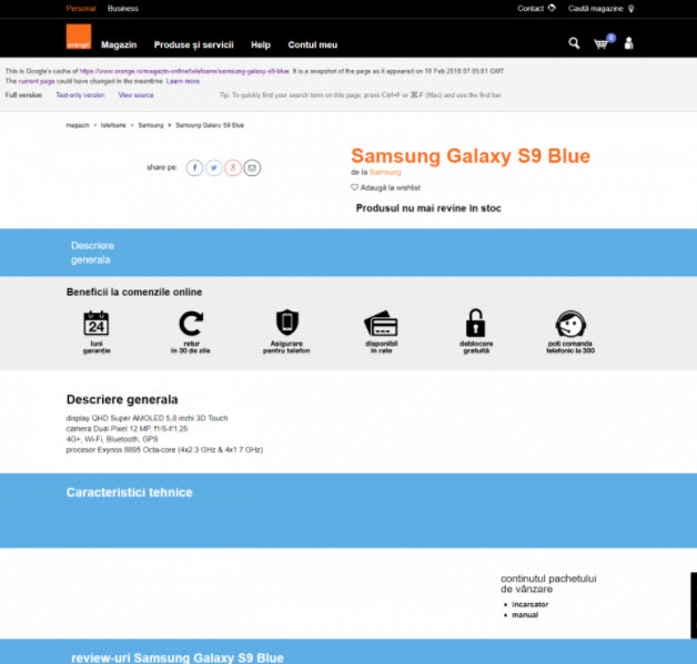 Strona rumuńskiego Orange z informacją o Samsung Galaxy S9