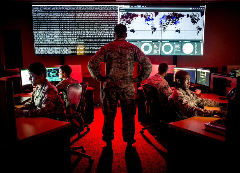 Cyber-warfare specialists serving with the 175th Cyberspace Operations Group of the Maryland Air National Guard engage in weekend training at Warfield Air National Guard Base, Middle River, Md., Jun. 3, 2017. (U.S. Air Force photo by J.M. Eddins Jr.)
