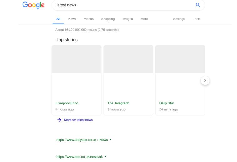 widok sekcji "najważniejsze artykuły" w wyszukiwarce Google po wejściu w życie Acta 2