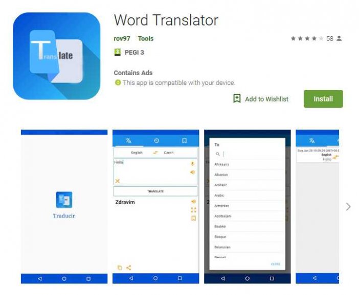 zrzut ekranu ze sklepu Google Play ze złośliwą aplikacją Word Translator