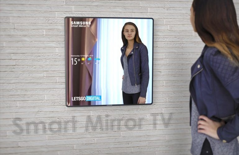 Render przedstawiający inteligentne lustro Samsunga na ścianie