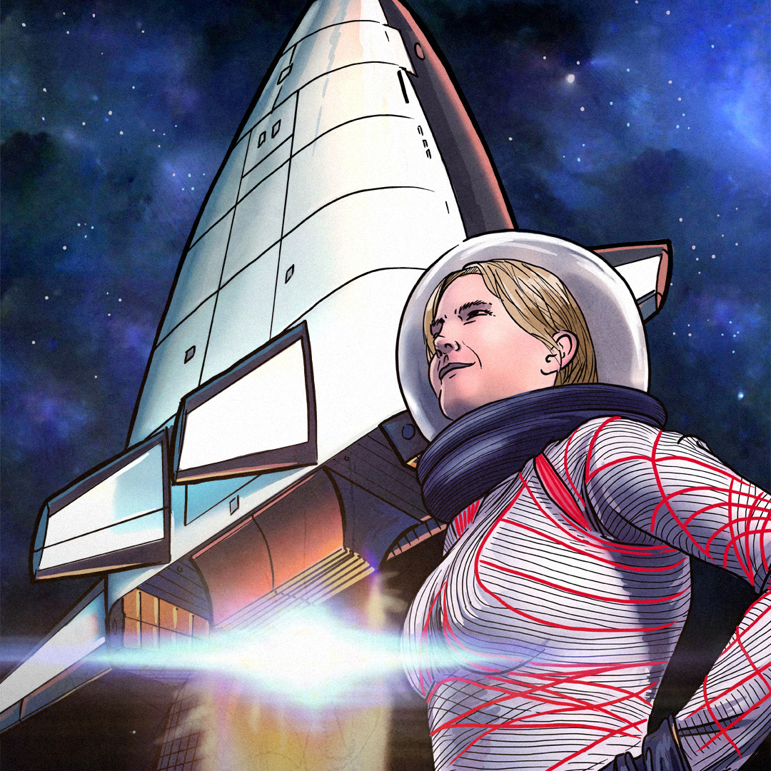 Astronautka w futurystycznym kombinezonie na tle startującego statku kosmicznego.