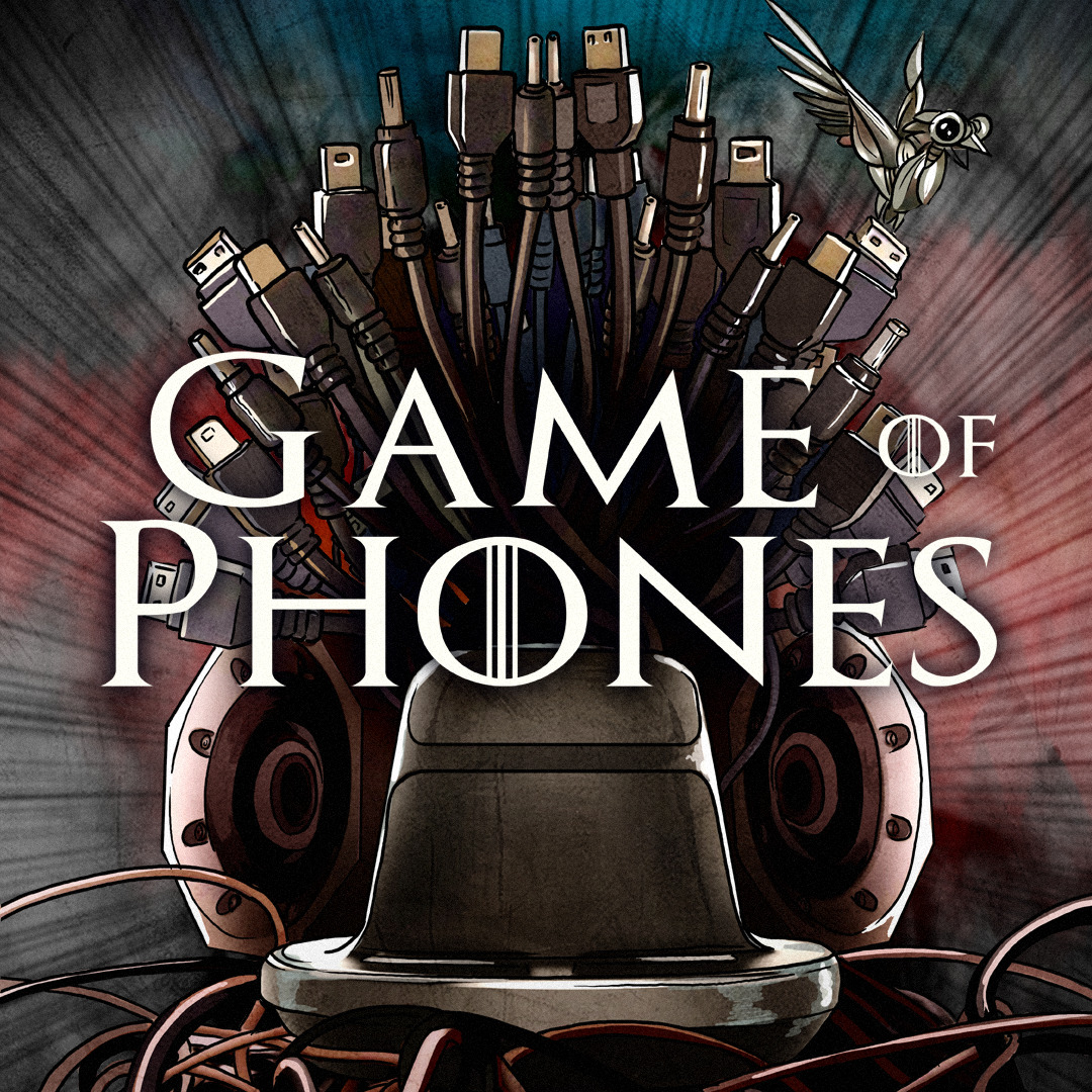 Smartfon ze znakiem zapytania "siedzący" na tronie z kabli; Game of Phones.