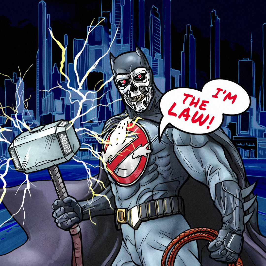 Batman-terminator z logiem Ghostbusters na piersi, młotem Thora i lassem Jonesa w rękach "I'm the Law" w dymku.