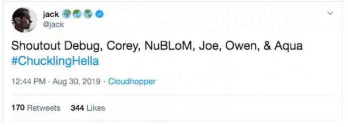 Pierwszy tweet z zaatakowanego konta Jacka Dorseya (źr. The Guardian).