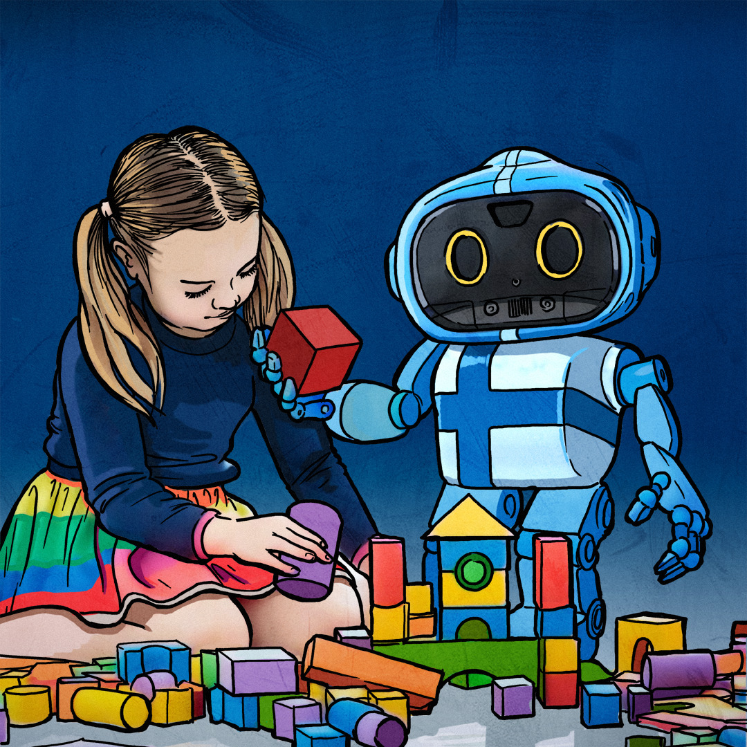 Dziewczynka bawi się kolorowymi klockami z fińskim robotem.