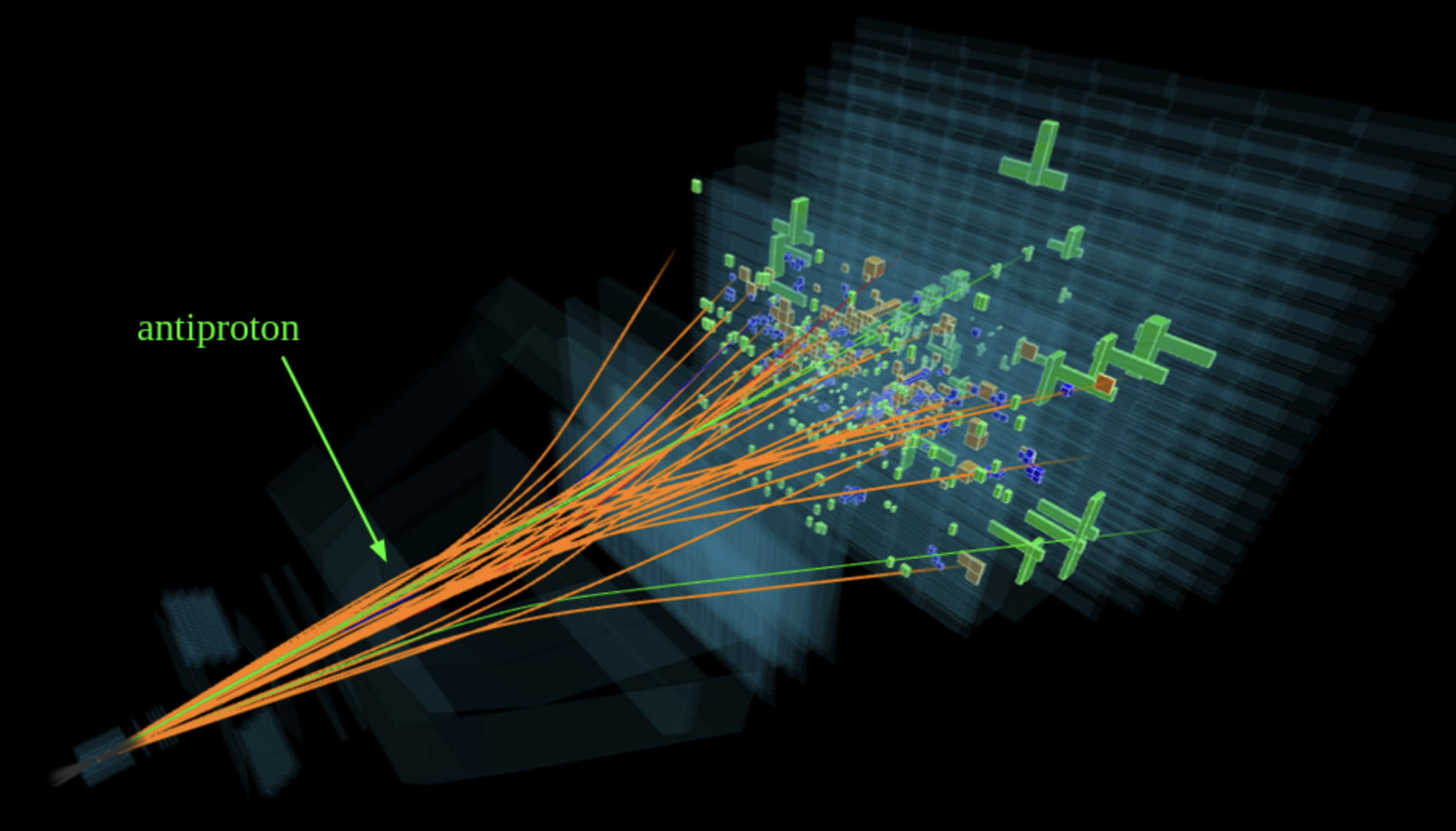Zdarzenie zderzenia proton-proton zarejestrowane przez detektor LHCb, pokazujące tor, po którym porusza się antyproton powstały w zderzeniu
