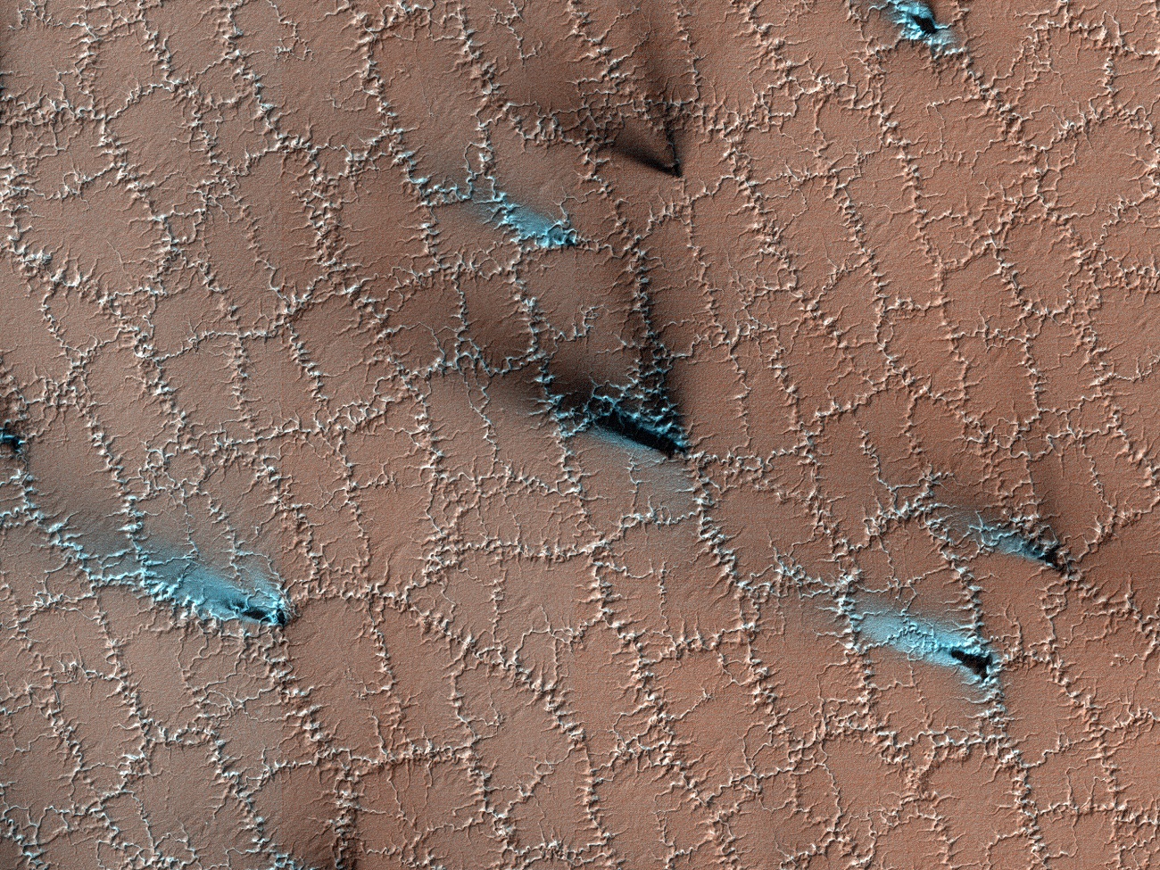 Wielokątne struktury na powierzchni Marsa. Widać je z wielu kilometrów