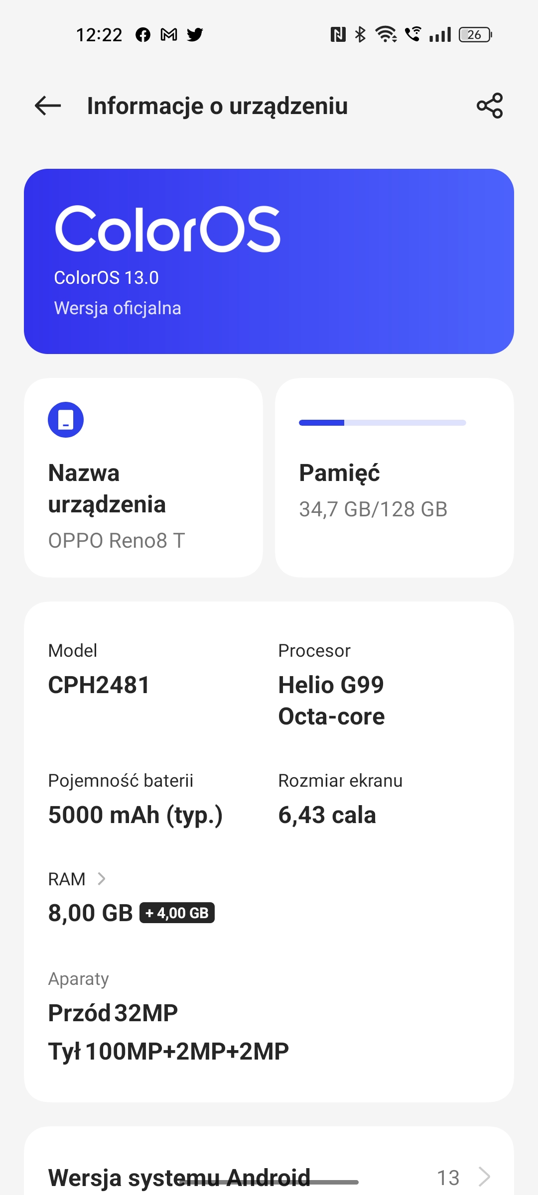 Oppo Reno 8T system