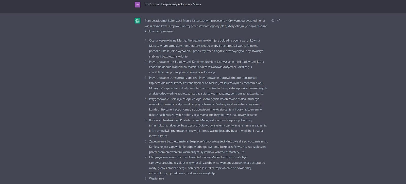 Odpowiedź ChatGPT-3,5 na pytanie o kolonizację Marsa, część 1.
