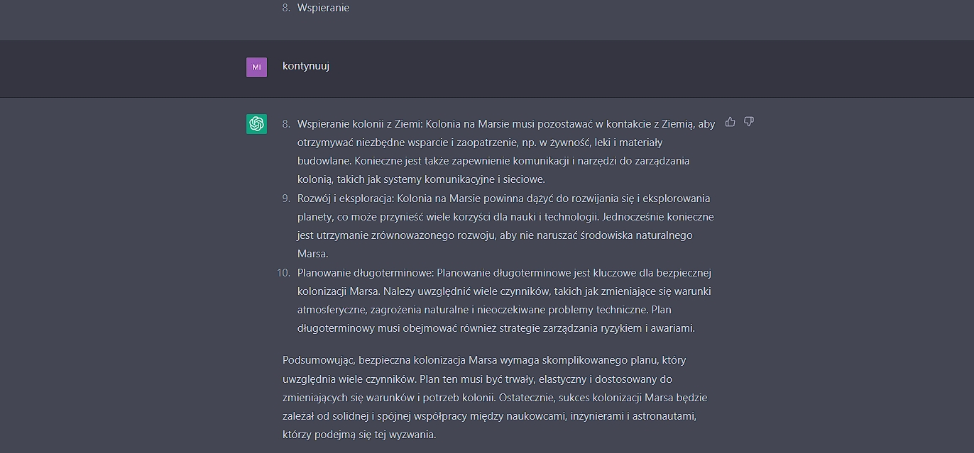 Odpowiedź ChatGPT-3,5 na pytanie o kolonizację Marsa, część 2.