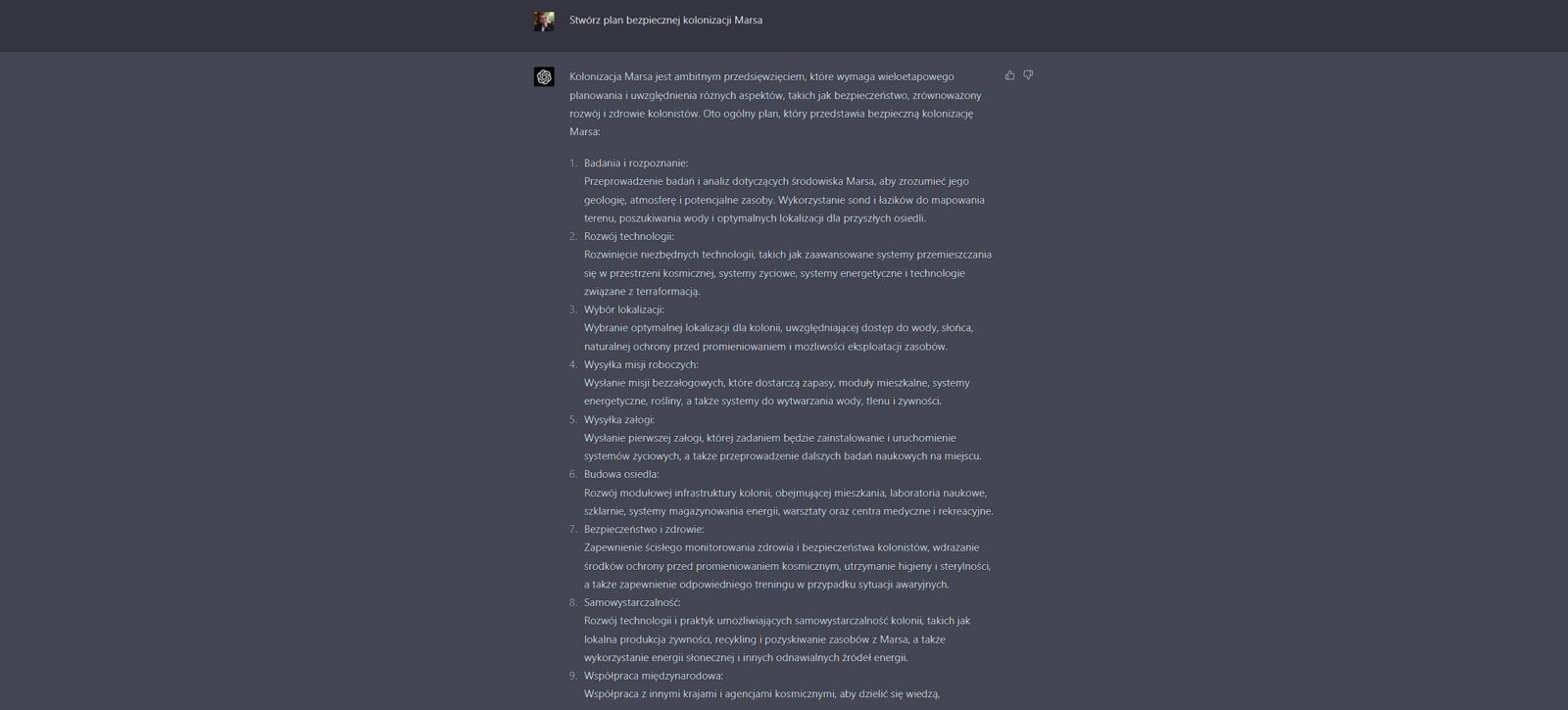 Odpowiedź ChatGPT-4 na pytanie o kolonizację Marsa, część 1.