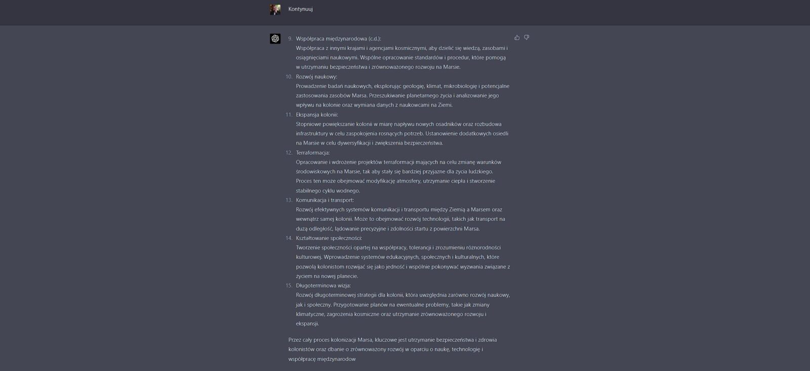 Odpowiedź ChatGPT-4 na pytanie o kolonizację Marsa, część 2.