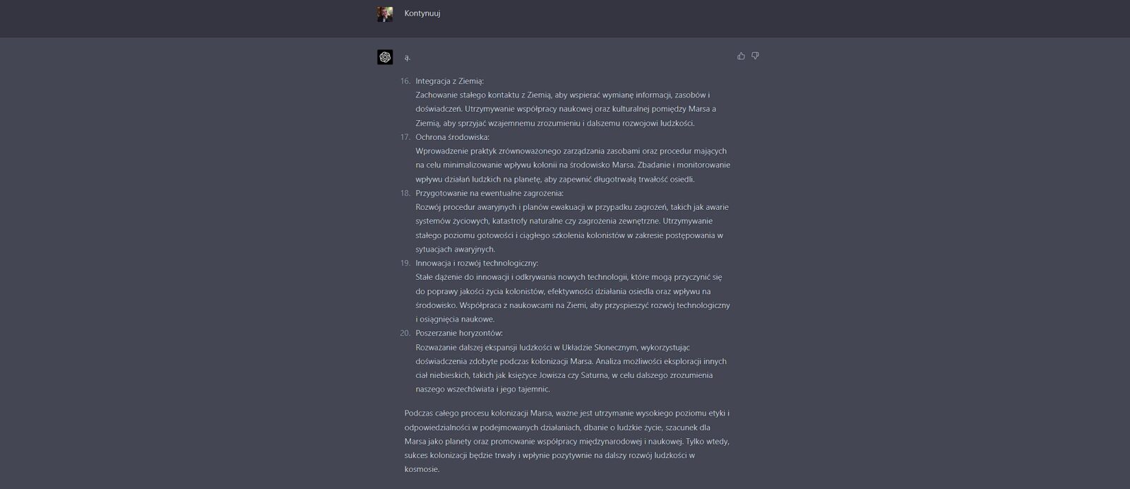 Odpowiedź ChatGPT-4 na pytanie o kolonizację Marsa, część 3.