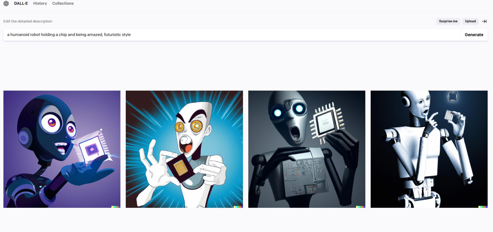 Zrzut ekranu ze strony Dall-E 2 przedstawiający roboty trzymające chip