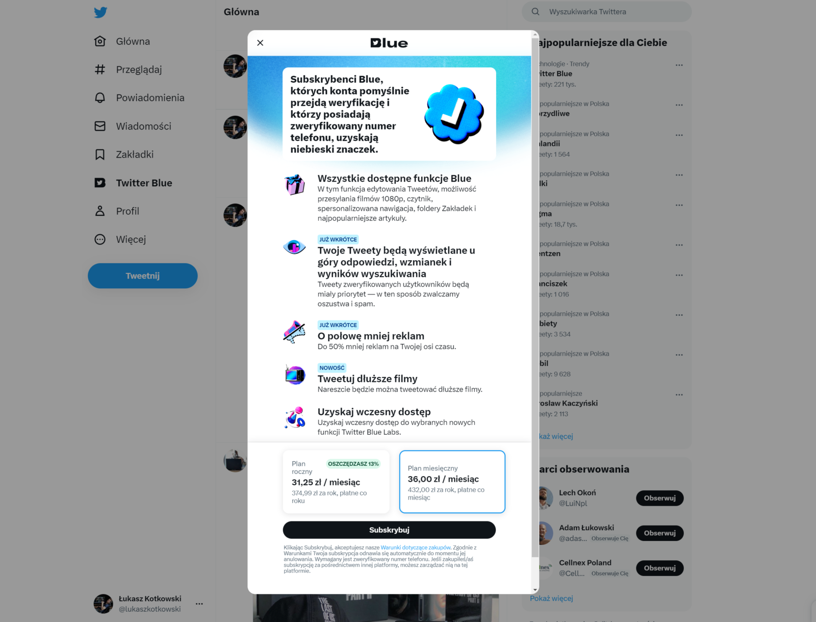Twitter Blue w przeglądarce