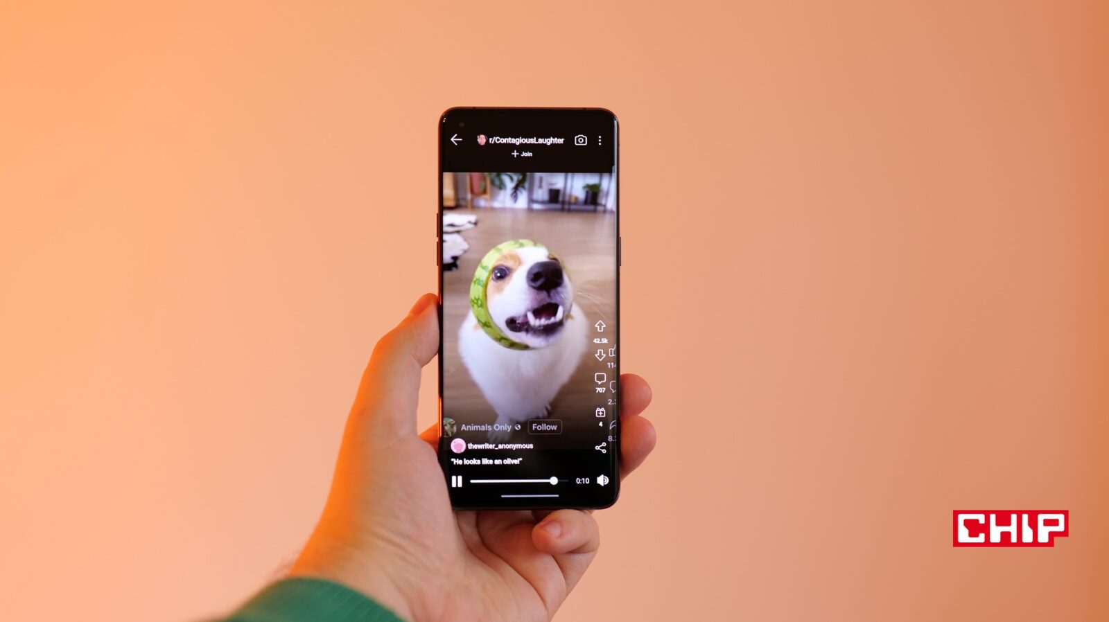Telefon, na którym wyświetlono pionowe wideo z aplikacji Reddit