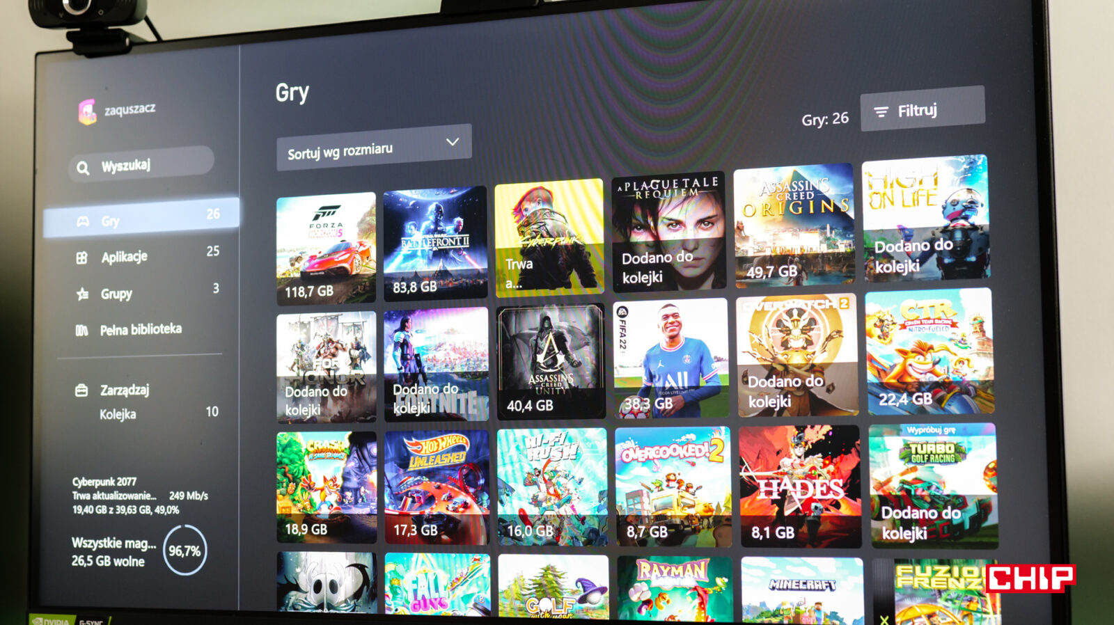 Menu listy gier na Xbox Series X